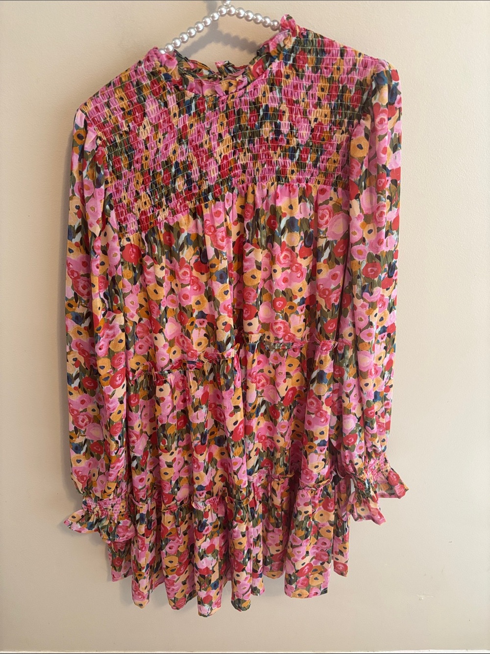 Entro Floral Mini Dress L Large Smocked Mock Neck Tiered Boho Long Sleeve Ruffle